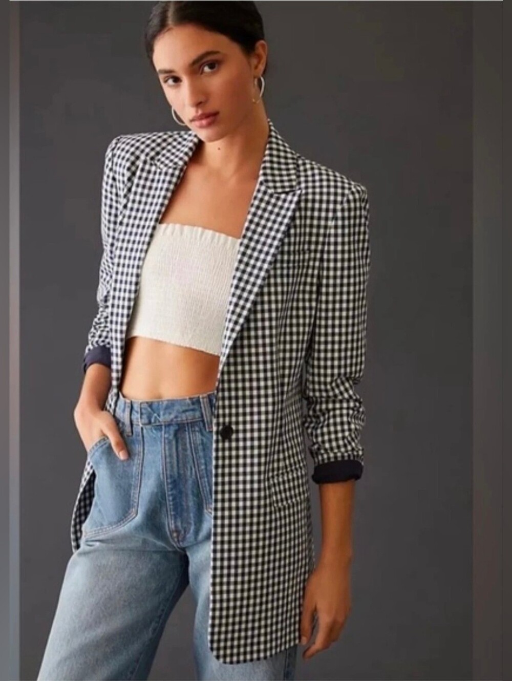 Favorite Daughter The Breakup Blazer in Navy Gingham Mid-Length WI/Pockets Sz S